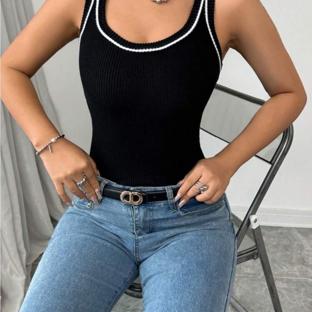 Black Ribbed Tank Top with White Trim